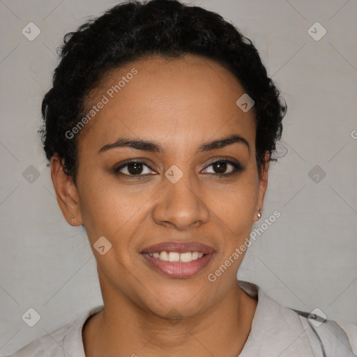 Joyful latino young-adult female with short  brown hair and brown eyes