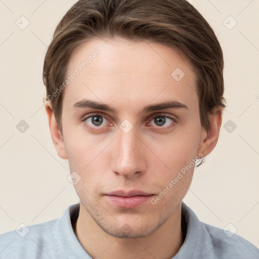 Neutral white young-adult male with short  brown hair and grey eyes