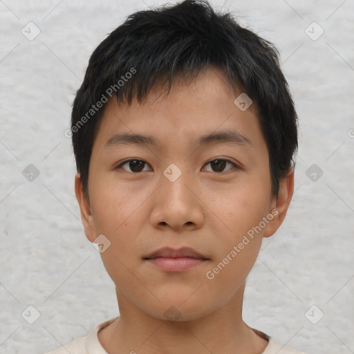 Neutral asian young-adult male with short  brown hair and brown eyes