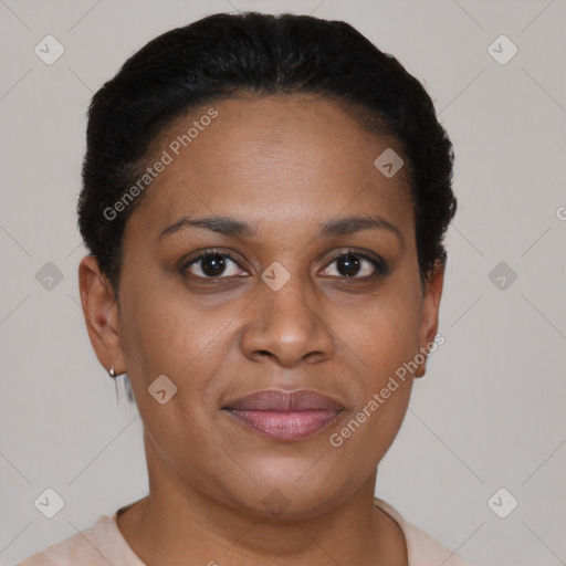 Joyful latino young-adult female with short  brown hair and brown eyes