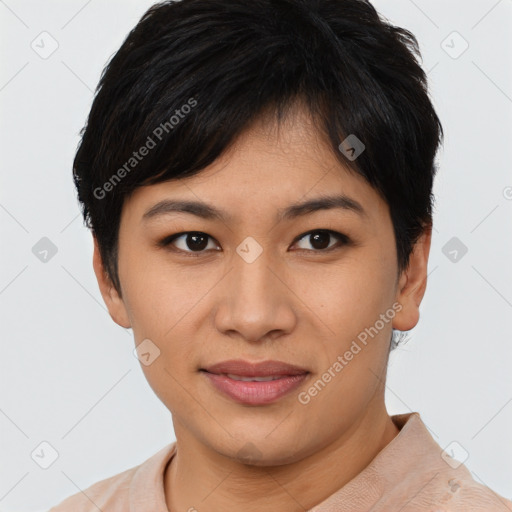 Joyful asian young-adult female with short  black hair and brown eyes