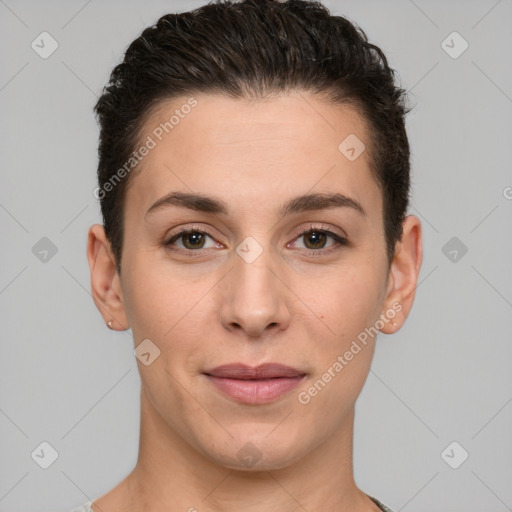 Joyful white young-adult female with short  brown hair and brown eyes