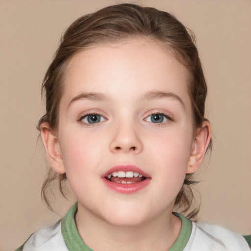 Joyful white child female with medium  brown hair and blue eyes