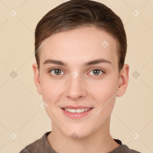 Joyful white young-adult female with short  brown hair and brown eyes