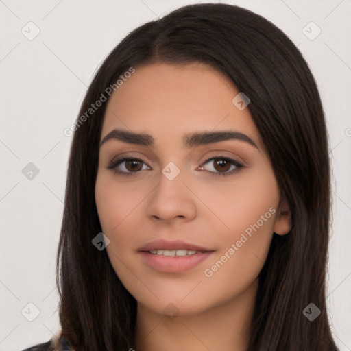 Joyful latino young-adult female with long  black hair and brown eyes