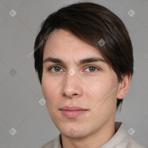 Neutral white young-adult male with short  brown hair and brown eyes