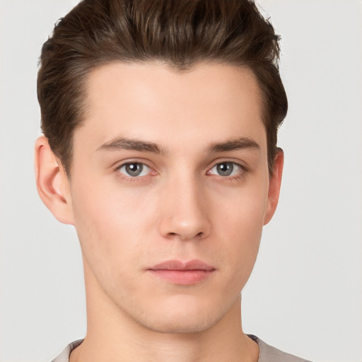 Neutral white young-adult male with short  brown hair and brown eyes