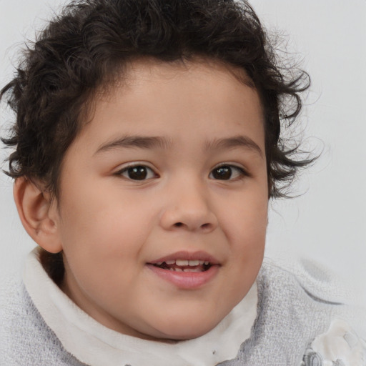 Joyful white child female with short  brown hair and brown eyes