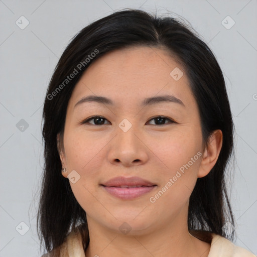 Joyful asian young-adult female with medium  brown hair and brown eyes