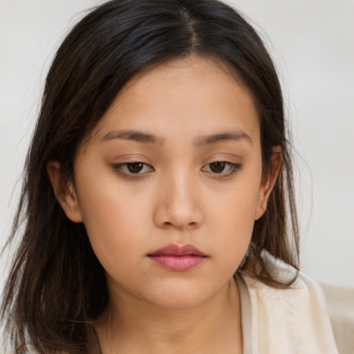 Neutral asian young-adult female with long  brown hair and brown eyes