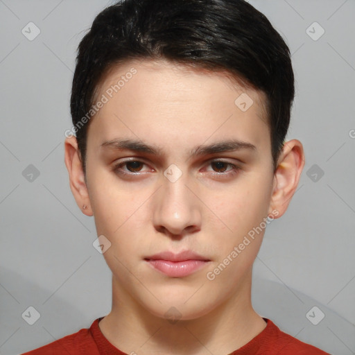 Neutral white young-adult male with short  brown hair and brown eyes