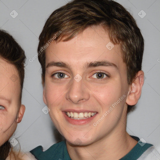 Joyful white young-adult male with medium  brown hair and brown eyes