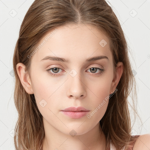 Neutral white young-adult female with long  brown hair and grey eyes