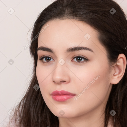 Neutral white young-adult female with long  brown hair and brown eyes