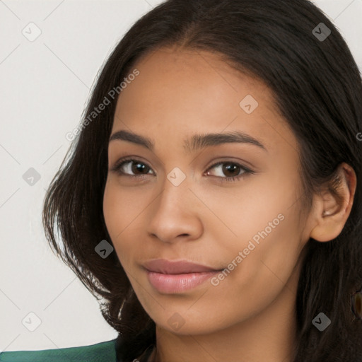 Neutral latino young-adult female with long  brown hair and brown eyes