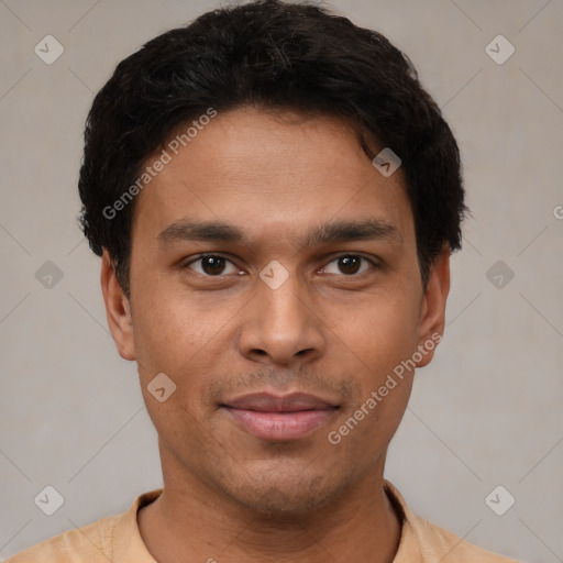 Joyful latino young-adult male with short  brown hair and brown eyes