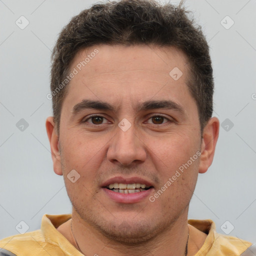 Joyful white young-adult male with short  brown hair and brown eyes