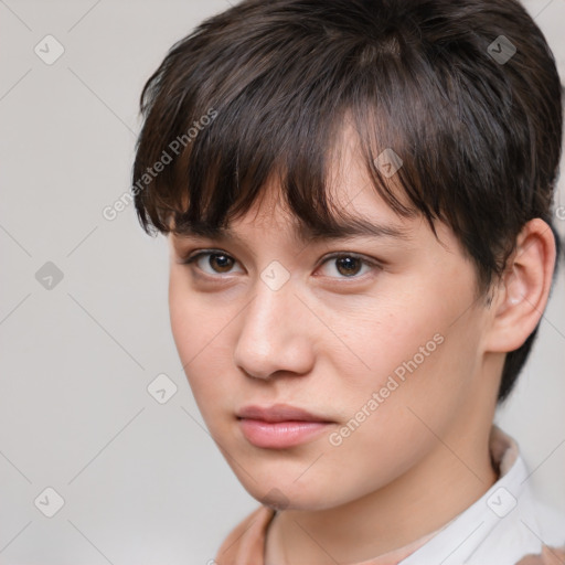 Neutral white young-adult female with short  brown hair and brown eyes