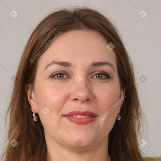 Joyful white young-adult female with long  brown hair and green eyes