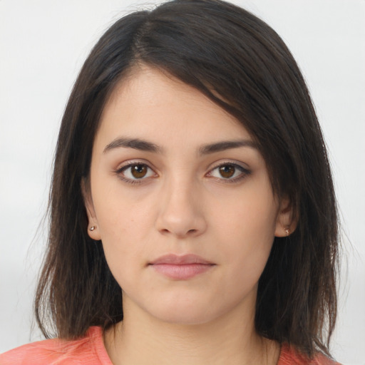 Neutral asian young-adult female with long  brown hair and brown eyes