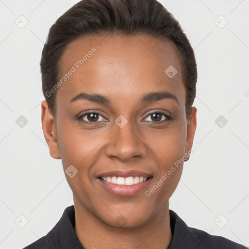 Joyful white young-adult female with short  brown hair and brown eyes