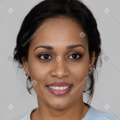 Joyful black young-adult female with medium  black hair and brown eyes