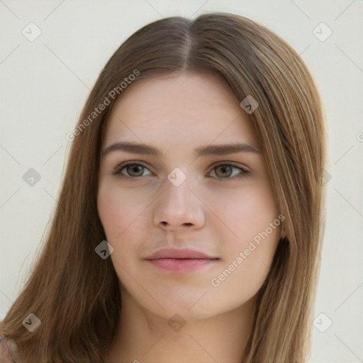 Neutral white young-adult female with long  brown hair and brown eyes