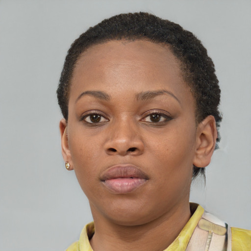 Neutral black young-adult female with short  brown hair and brown eyes