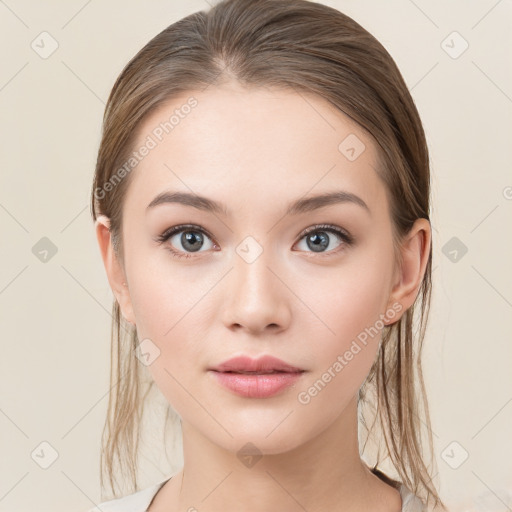 Neutral white young-adult female with medium  brown hair and brown eyes