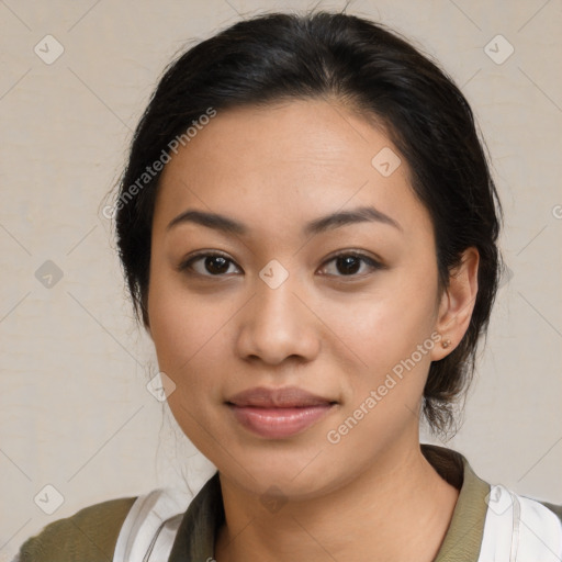 Joyful latino young-adult female with medium  black hair and brown eyes