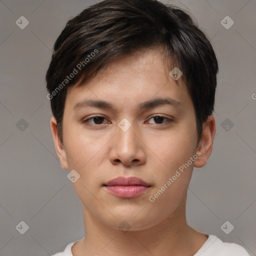 Neutral asian young-adult male with short  brown hair and brown eyes