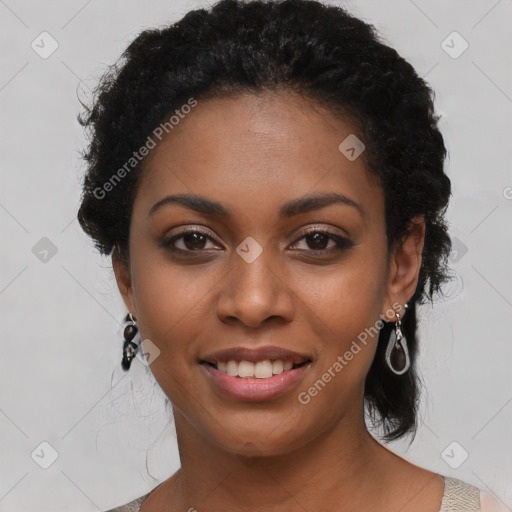 Joyful latino young-adult female with short  black hair and brown eyes