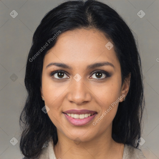 Joyful latino young-adult female with medium  brown hair and brown eyes