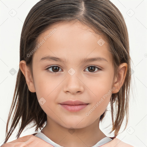 Joyful white child female with medium  brown hair and brown eyes