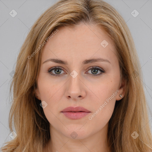 Neutral white young-adult female with long  brown hair and brown eyes