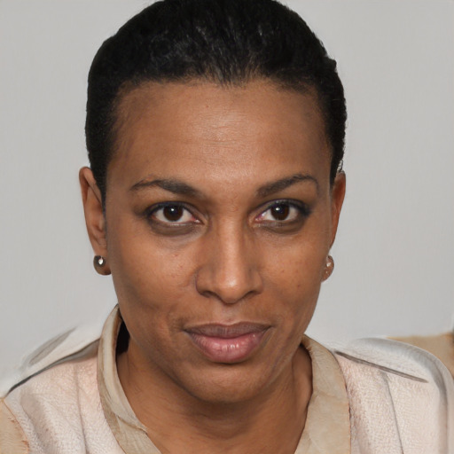 Joyful black young-adult female with short  black hair and brown eyes