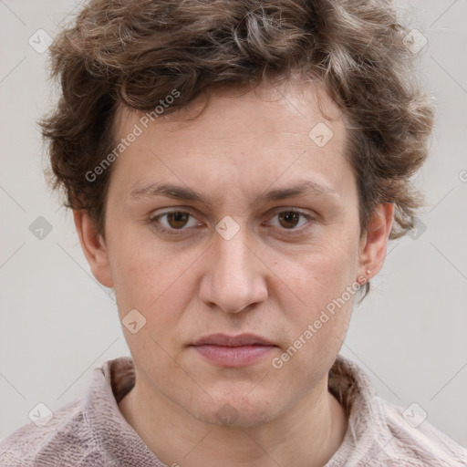 Joyful white adult female with short  brown hair and grey eyes