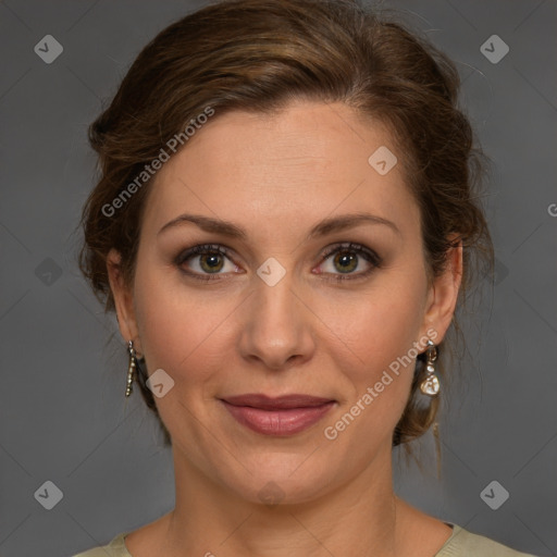 Joyful white young-adult female with medium  brown hair and green eyes