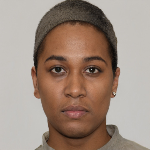 Neutral black young-adult female with short  black hair and brown eyes