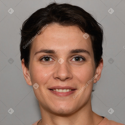 Joyful white young-adult female with short  brown hair and brown eyes