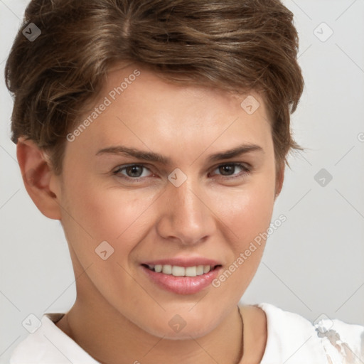 Joyful white young-adult female with short  brown hair and brown eyes