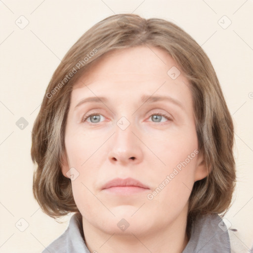 Neutral white young-adult female with medium  brown hair and blue eyes