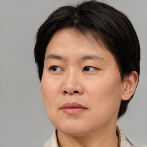 Neutral asian adult female with medium  brown hair and brown eyes