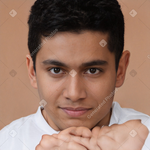 Joyful latino young-adult male with short  brown hair and brown eyes