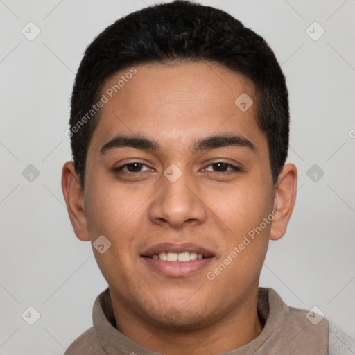 Joyful white young-adult male with short  black hair and brown eyes