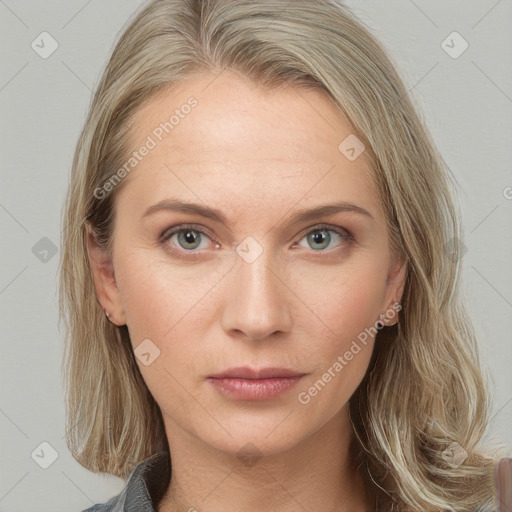 Neutral white young-adult female with medium  brown hair and blue eyes