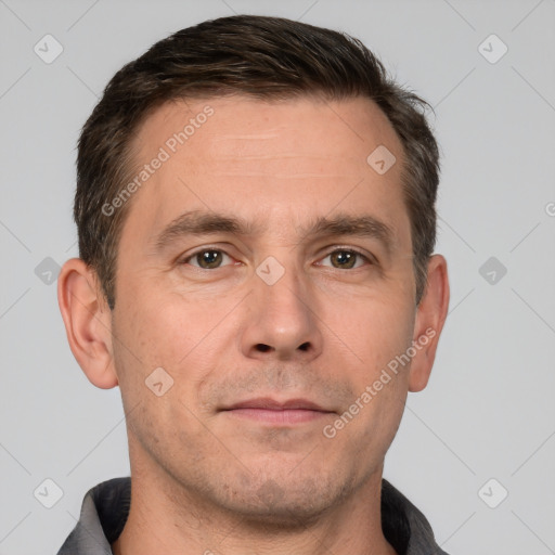 Neutral white adult male with short  brown hair and brown eyes