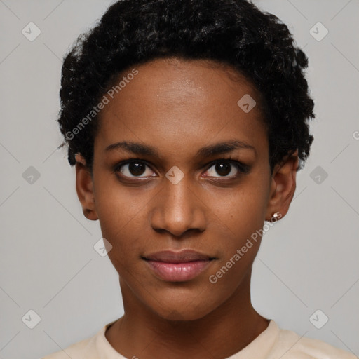 Neutral black young-adult female with short  black hair and brown eyes