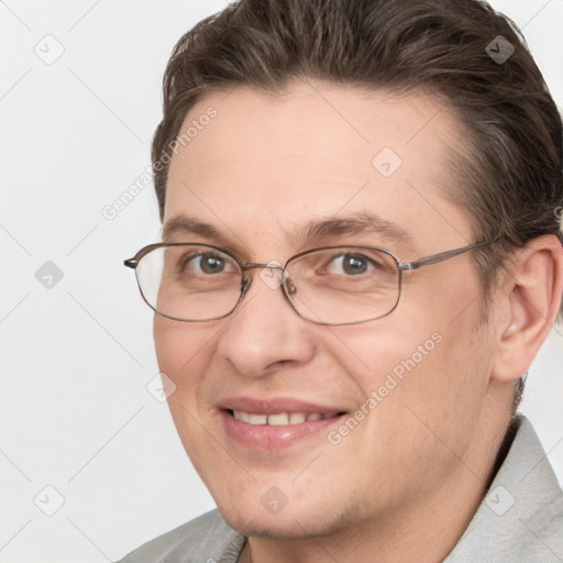 Joyful white adult female with short  brown hair and brown eyes