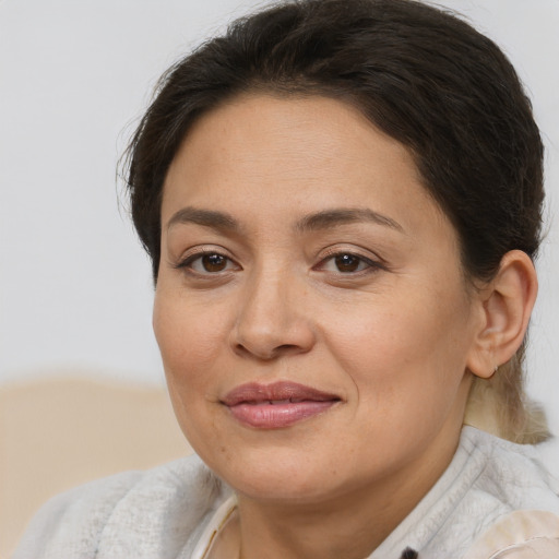 Joyful white adult female with medium  brown hair and brown eyes
